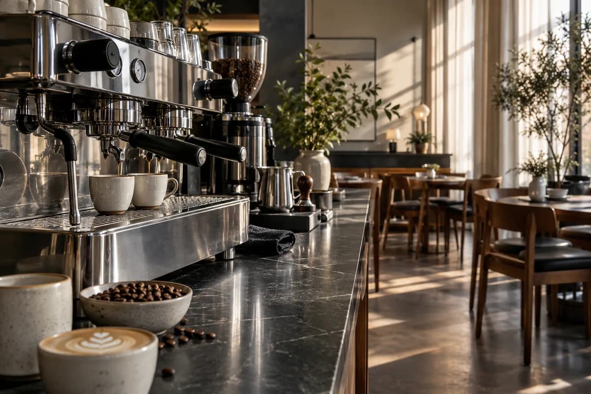 Una máquina de café espresso y mostrador cuidadosamente dispuestos en una cafetería independiente