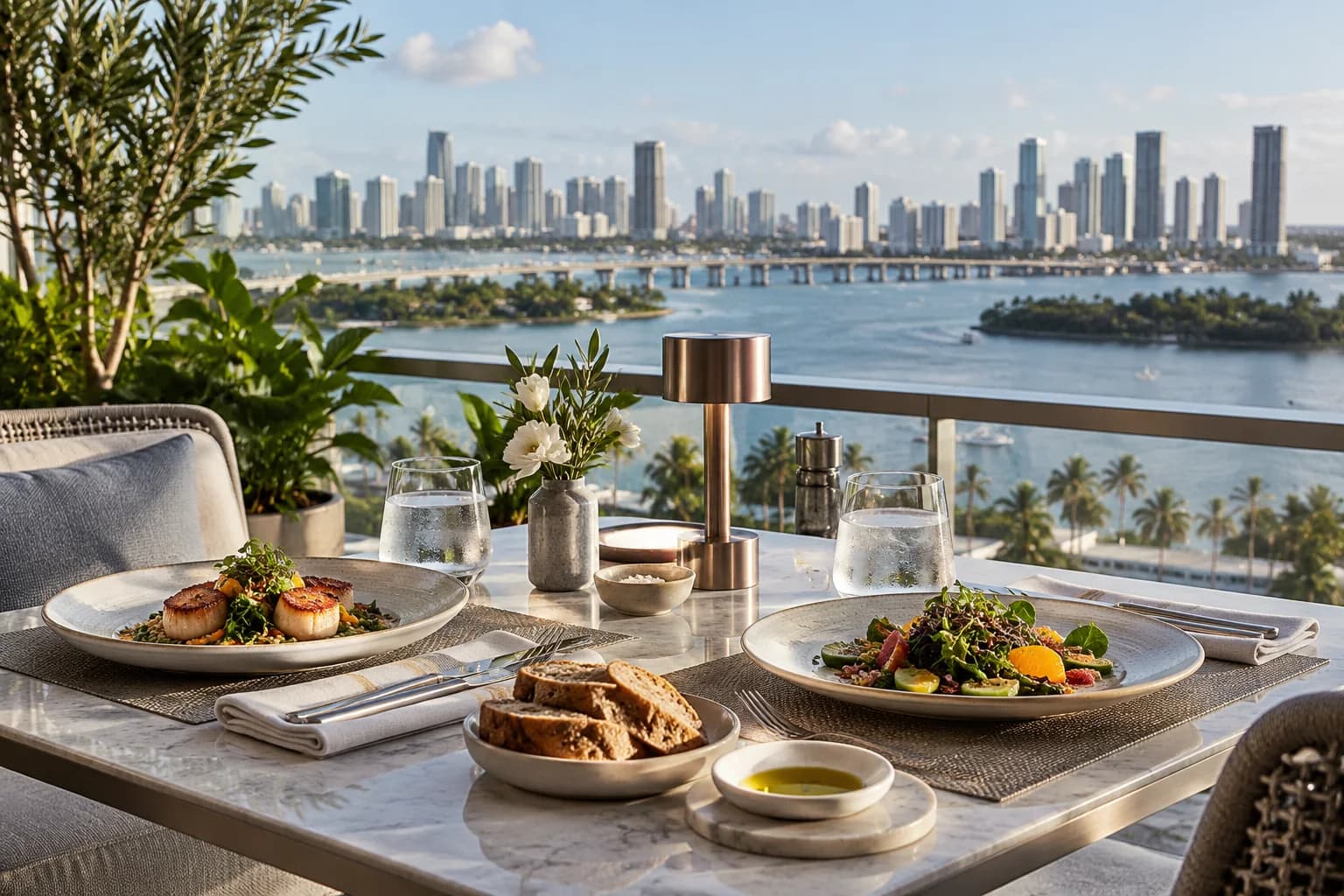 An outdoor dining table set for two with an urban skyline across the water