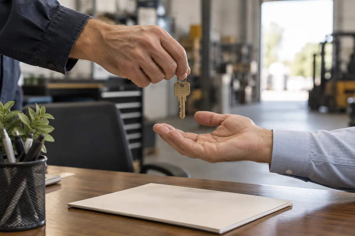 Hands exchanging keys in a fictional business transfer