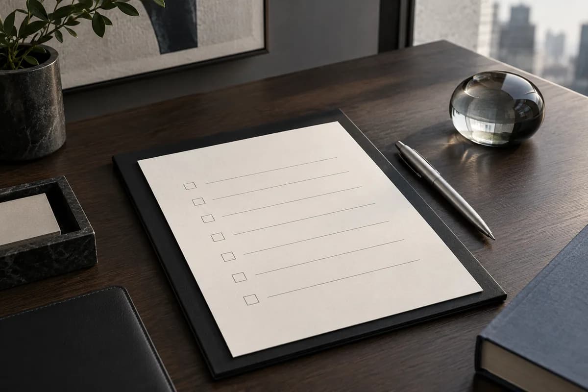 A financing checklist and silver pen on a dark oak desk
