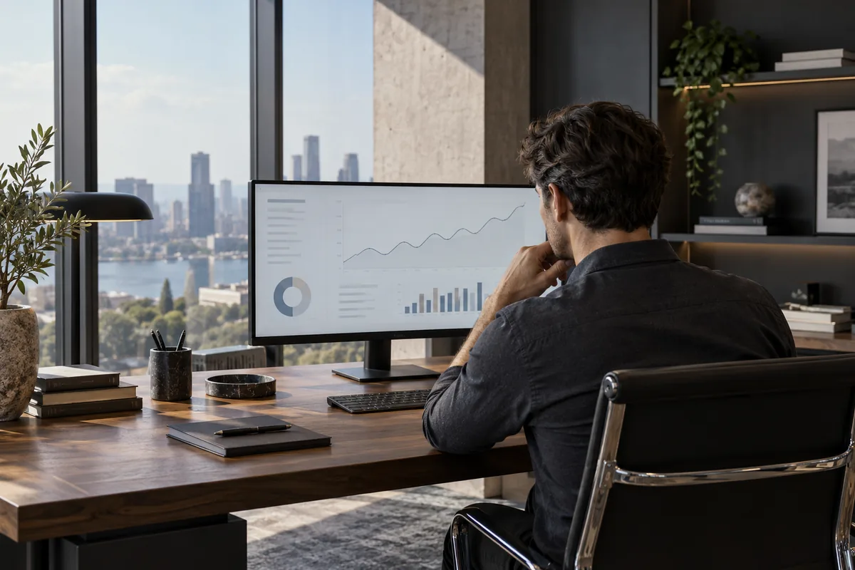 An operations analyst reviewing charts at a calm contemporary workstation