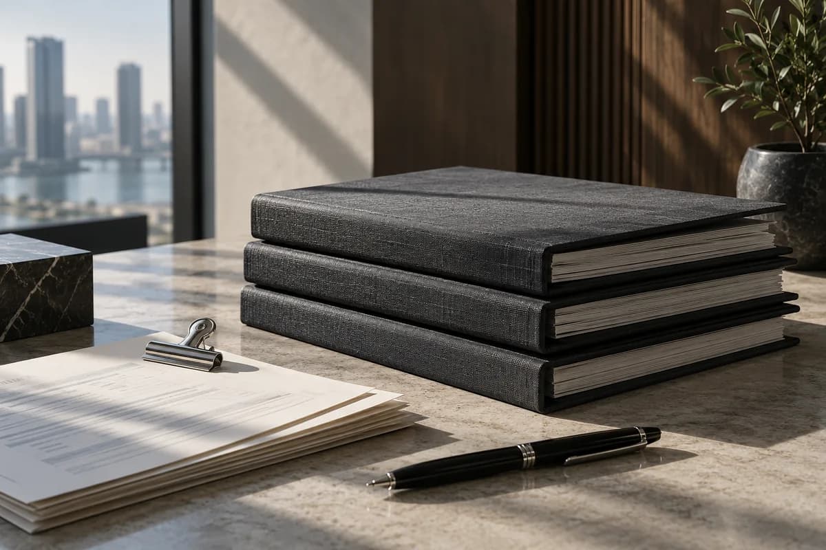 Organized financial documents and charcoal folders on a light stone desk