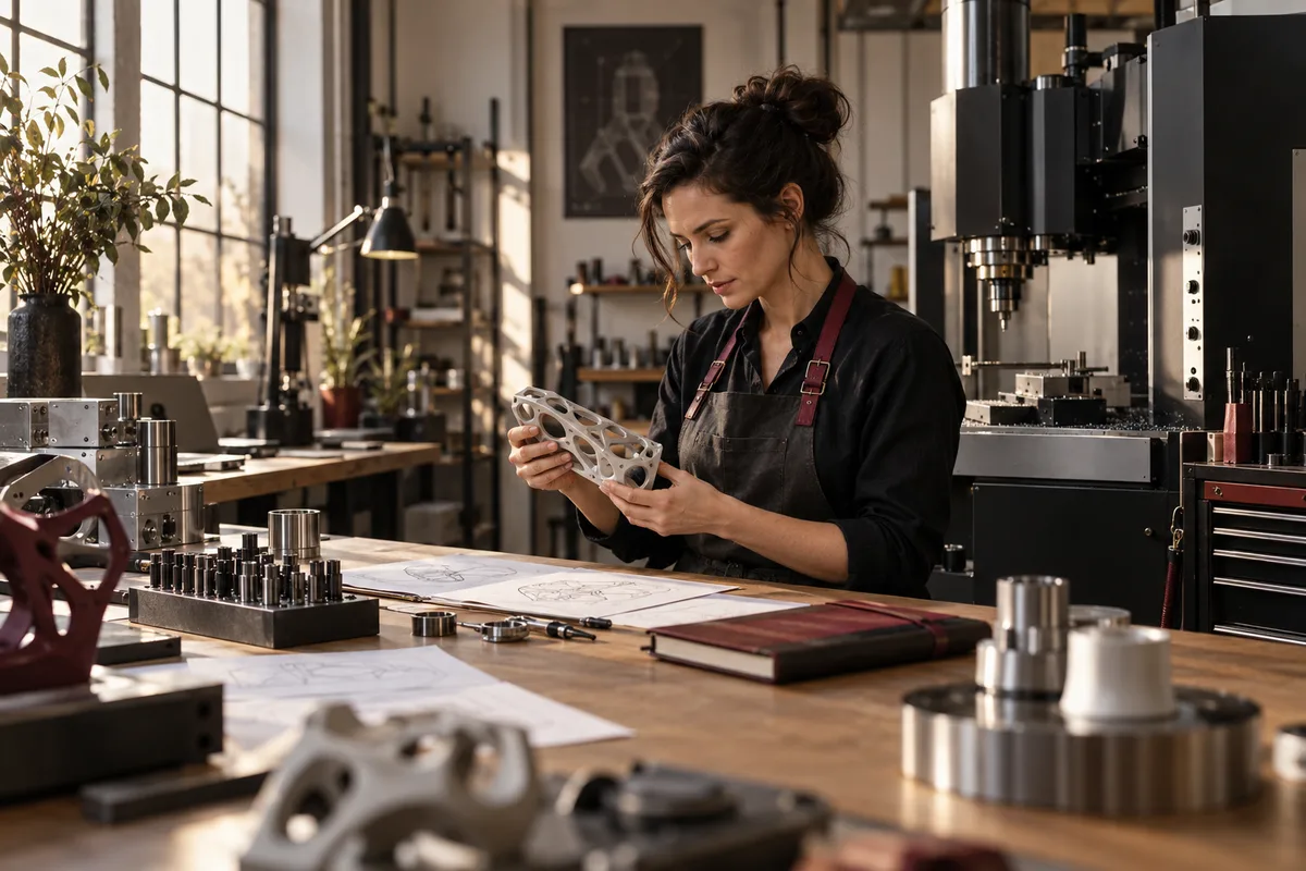 Owner examining a prototype in a sunlit manufacturing studio