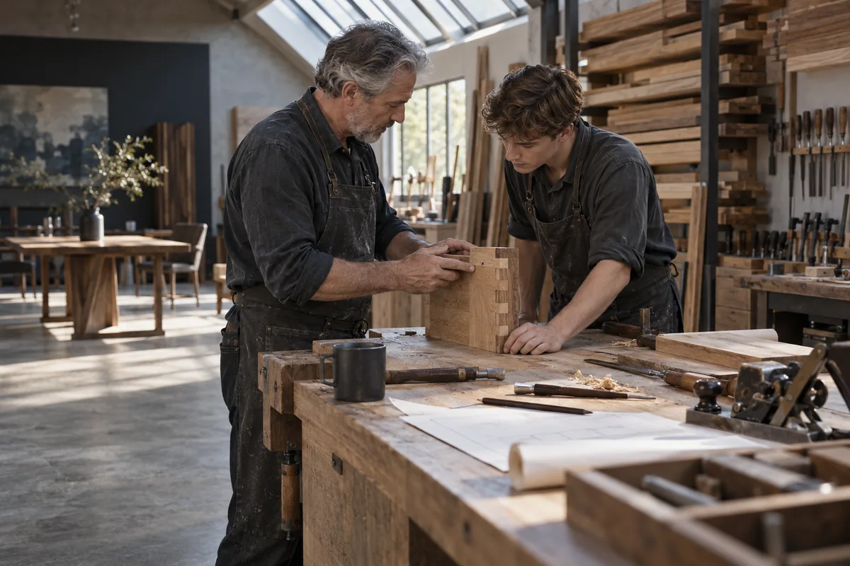Dos artesanos revisando una muestra de madera en un taller de muebles refinados