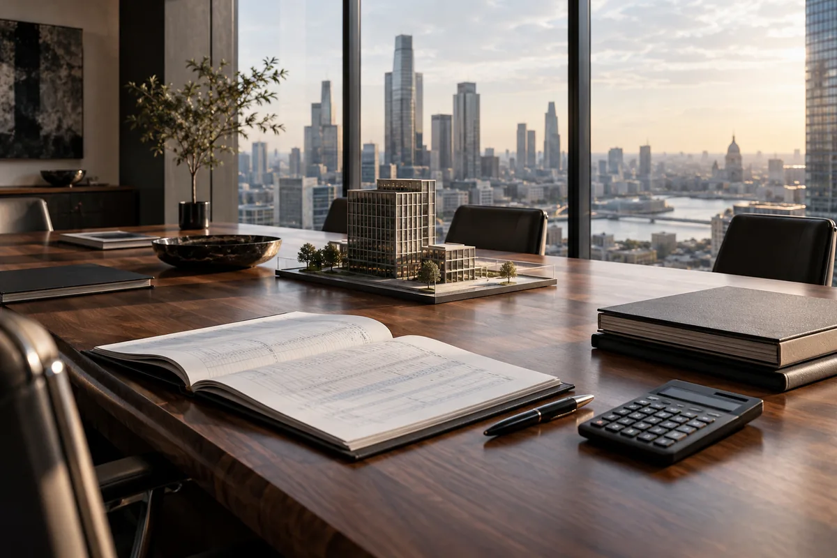 Financial records and architectural models on a walnut table overlooking a city skyline