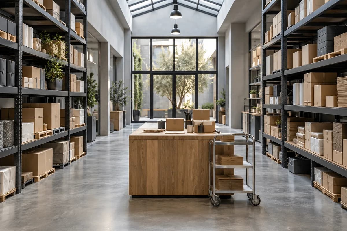 Organized merchandise and packing stations in a modern distribution workspace