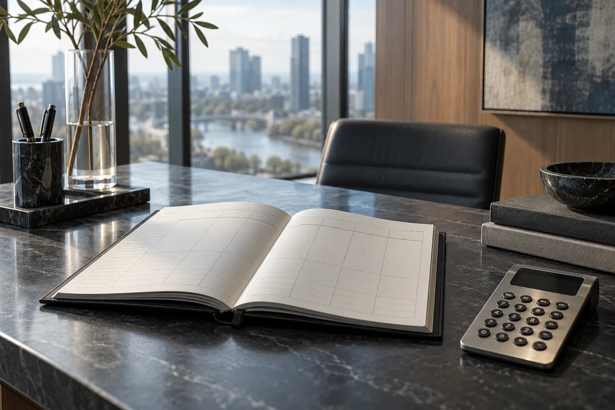 A cash planning workbook and calculator in a restrained contemporary office