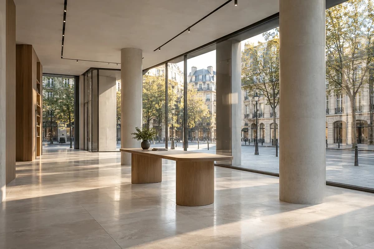 Un interior comercial brillante con acristalamiento alto y suelos de piedra
