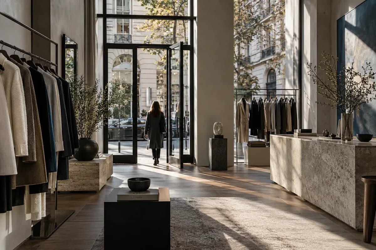 A customer at the glass entrance of a refined retail showroom