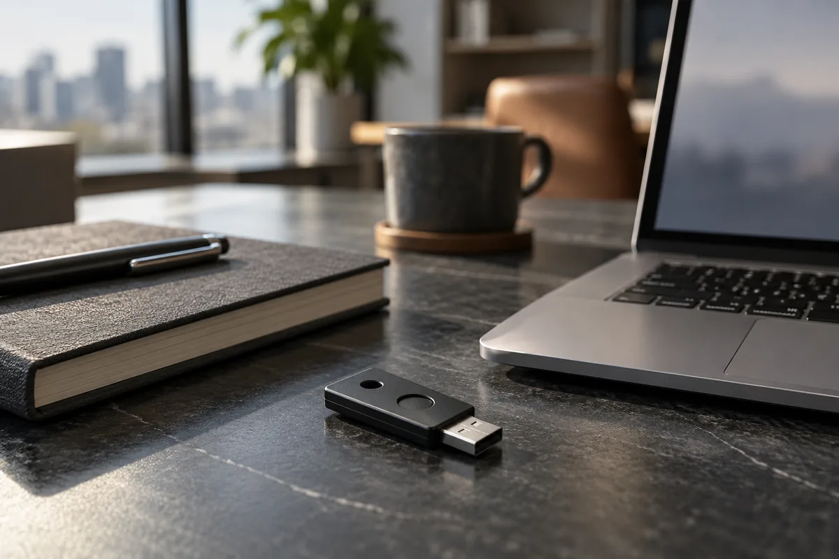 A hardware security key beside a laptop in a quiet office