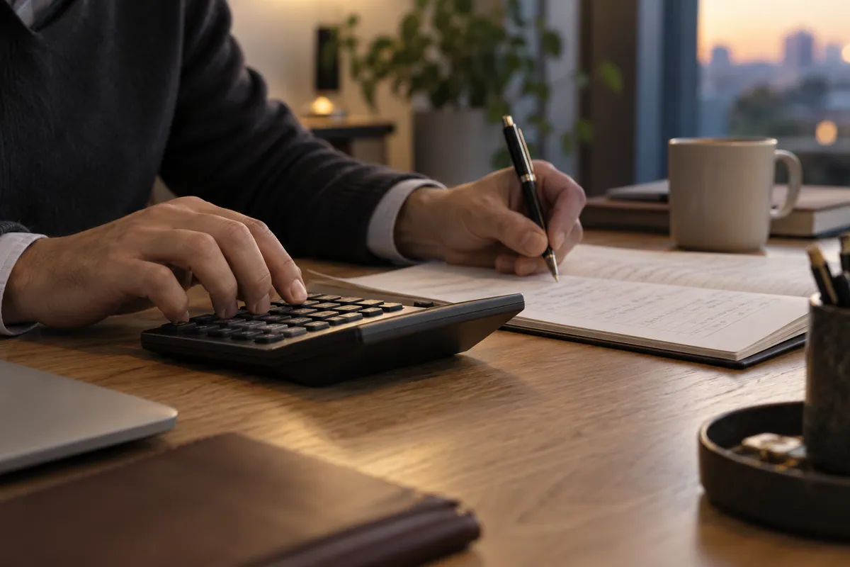 Financial planning workspace with calculator and documents