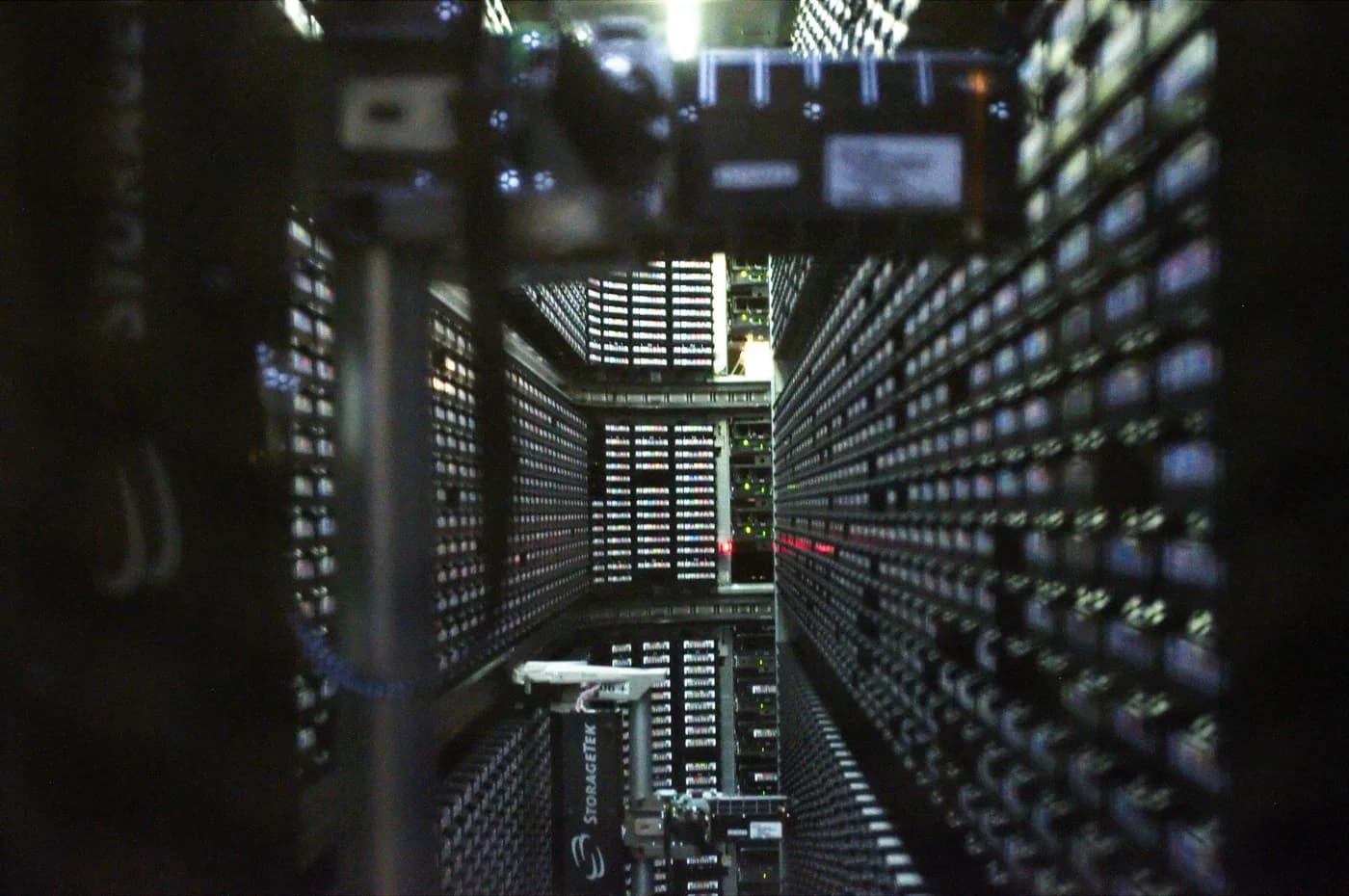 The interior of a StorageTek tape library at NERSC