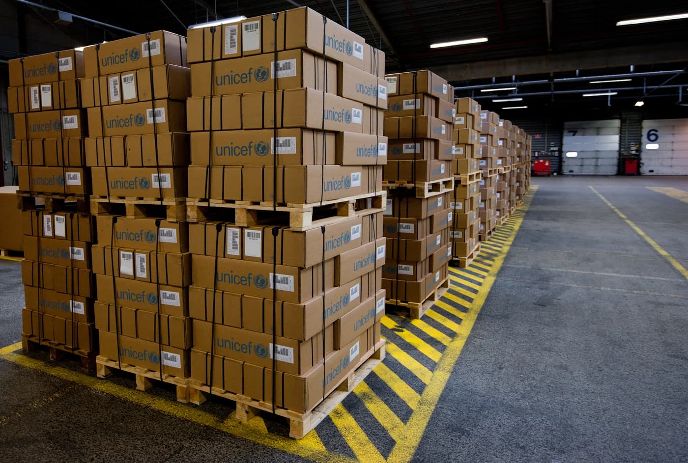 Packed UNICEF pallets, shown as a shipping reference