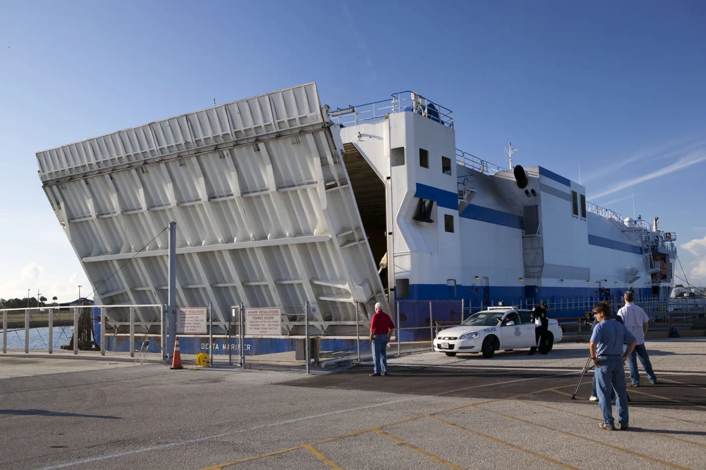 Delta Mariner with an open cargo hold at Port Canaveral