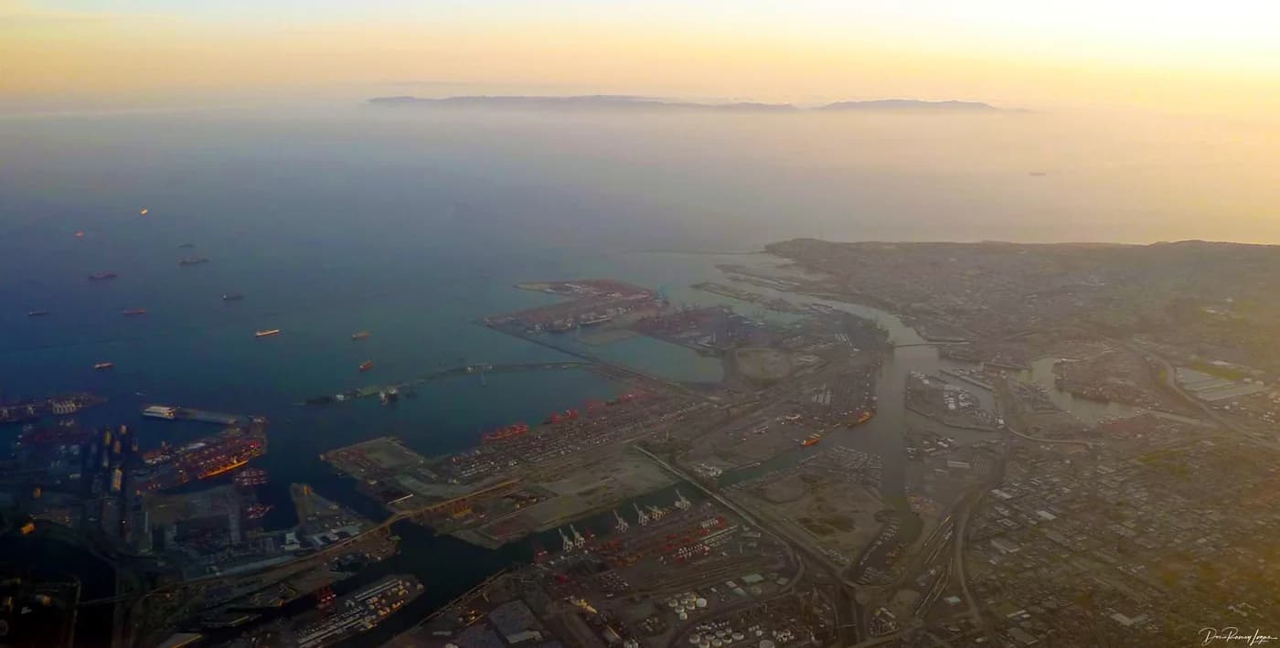 An aerial view of Long Beach Harbor