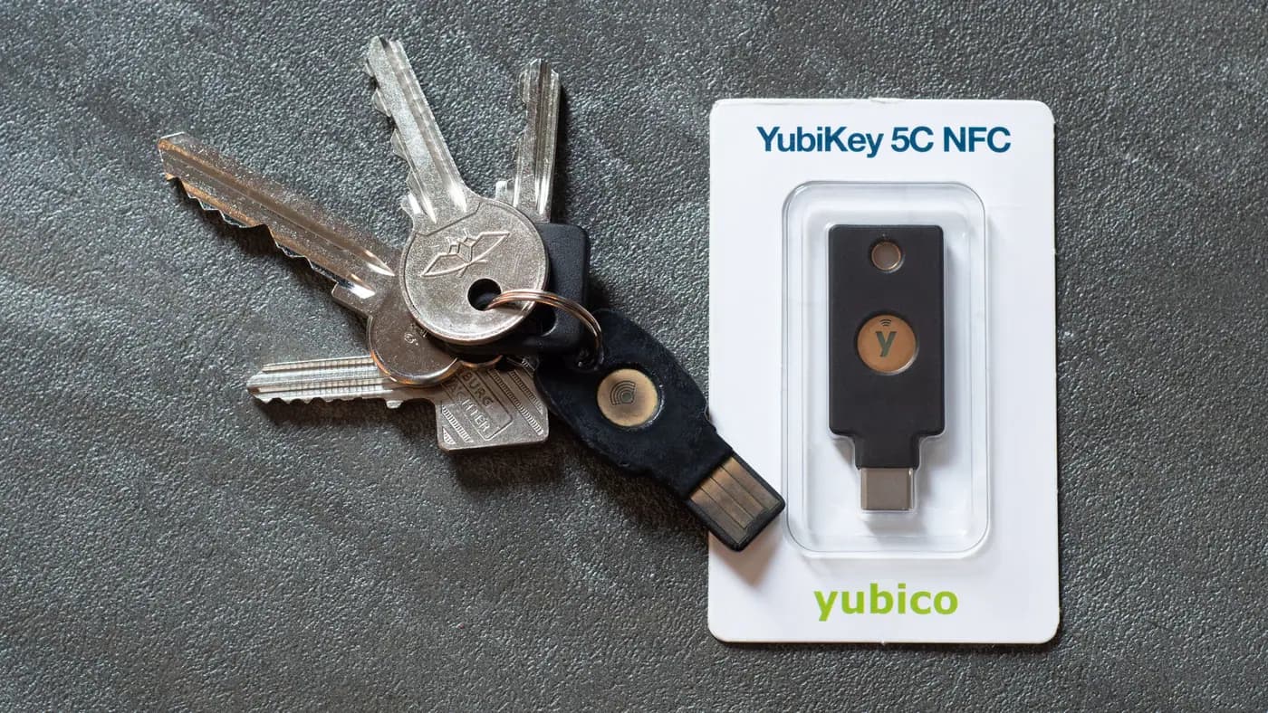A YubiKey 5C NFC security key, shown as an authentication reference