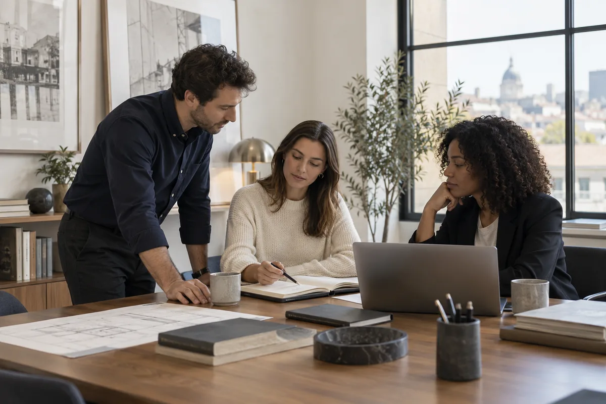 Colleagues working together around a table in a bright contemporary office