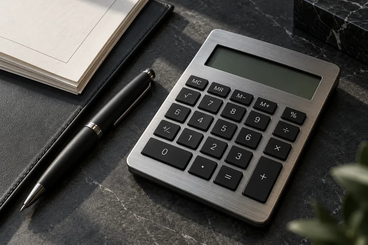 A precision calculator and contract pages on a dark stone surface