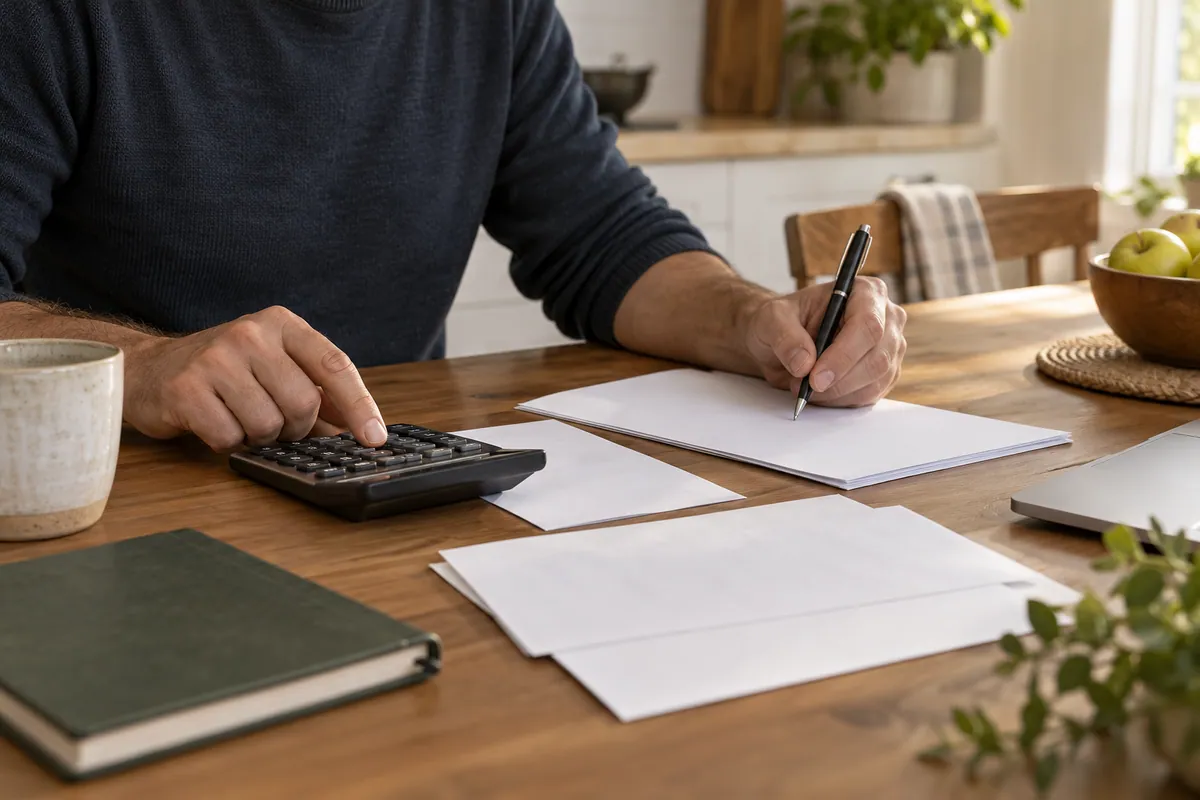Hands preparing a household budget at a kitchen table