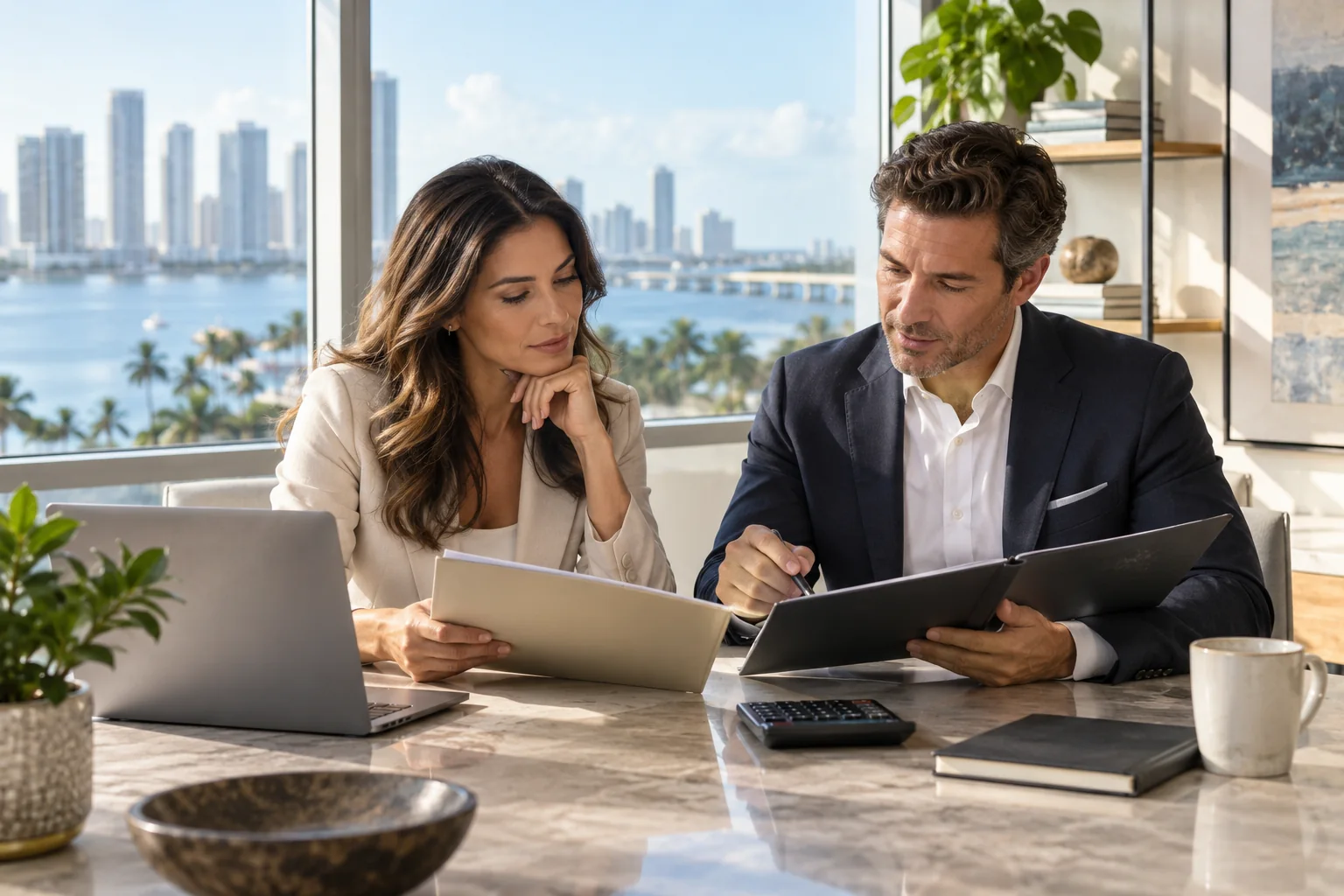 A business owner and adviser comparing documents and costs at an office table