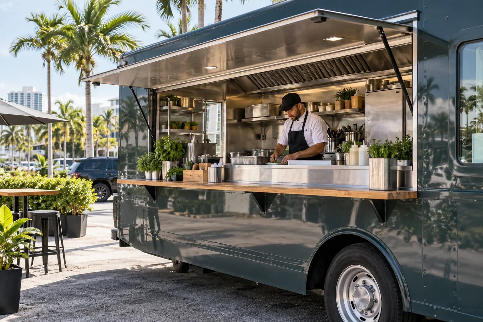 An unbranded food truck with a stainless preparation area and a cook setting up for service