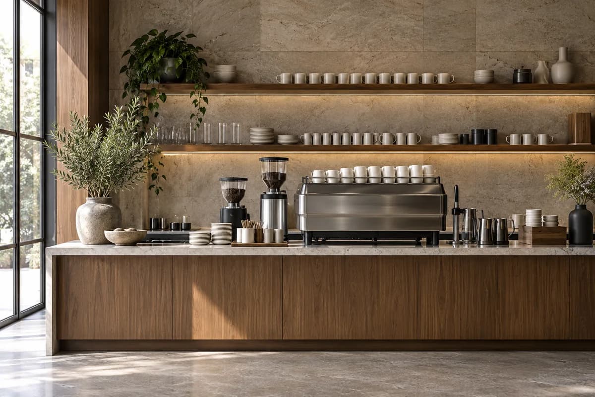 A carefully designed cafe service counter with unbranded equipment