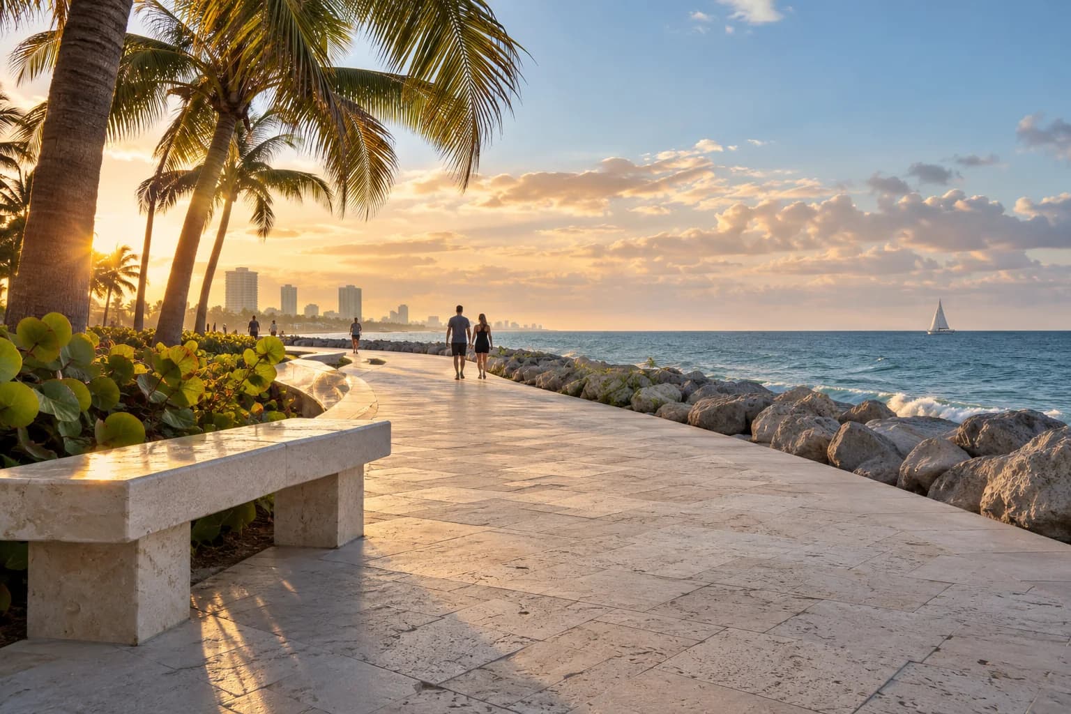 A quiet coastal walking path with palms, a bench and ocean views