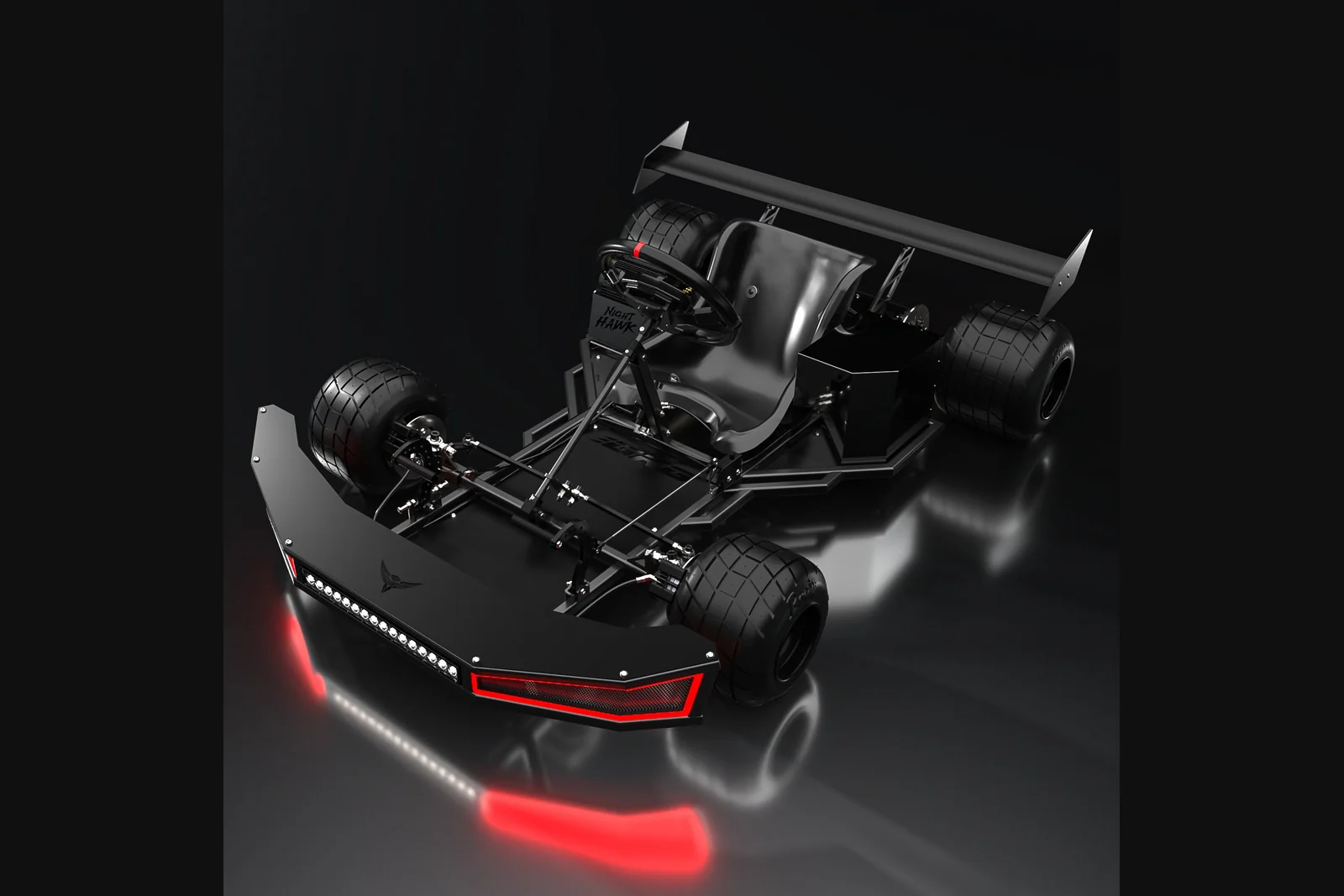 GoKartGod Nighthawk Titan electric go-kart with black bodywork, rear wing and front lighting in the official product image