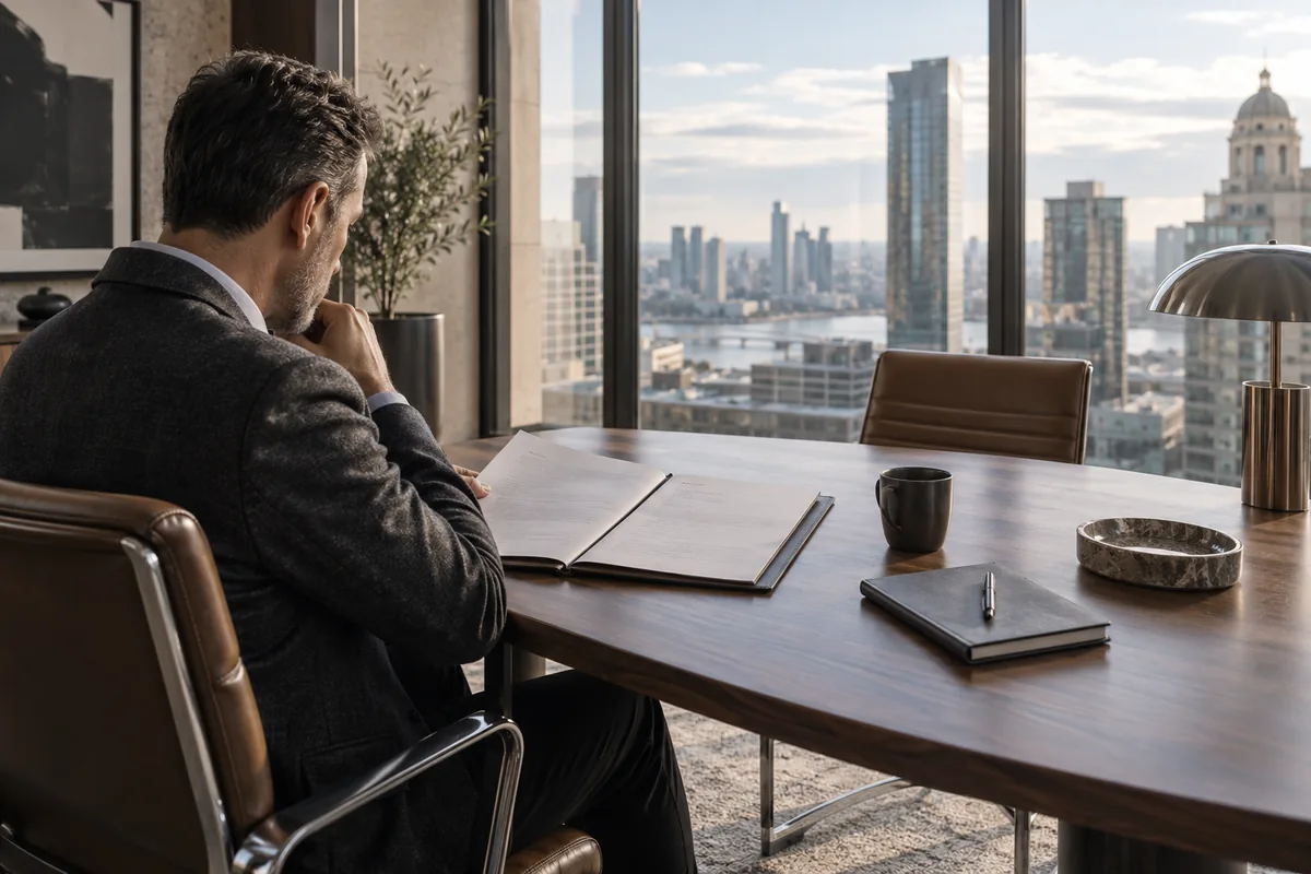 A business owner reviewing financing records in a refined contemporary office