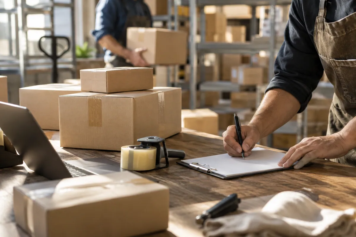 Shipping station with parcels and blank invoice paperwork