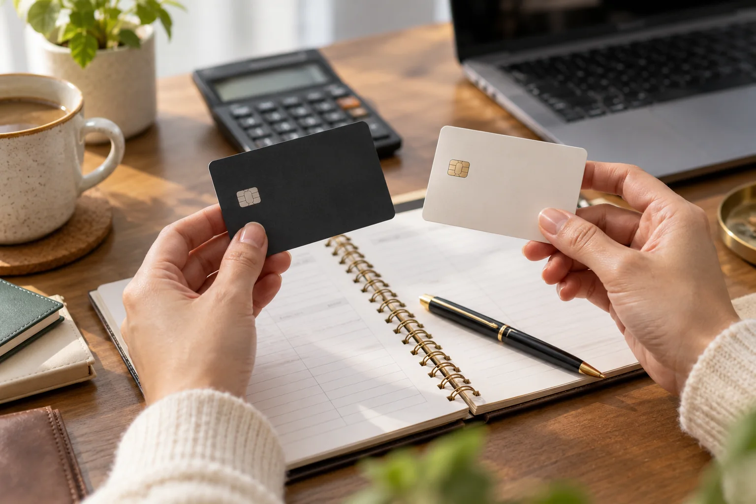 Tarjetas sin marca, un cuaderno y una calculadora sobre una mesa