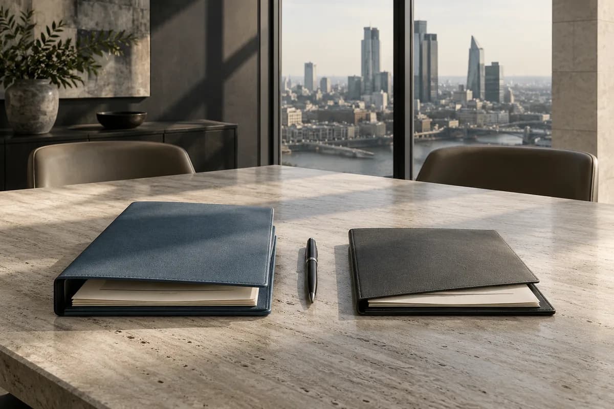 Two distinct financing document folders on a contemporary meeting table