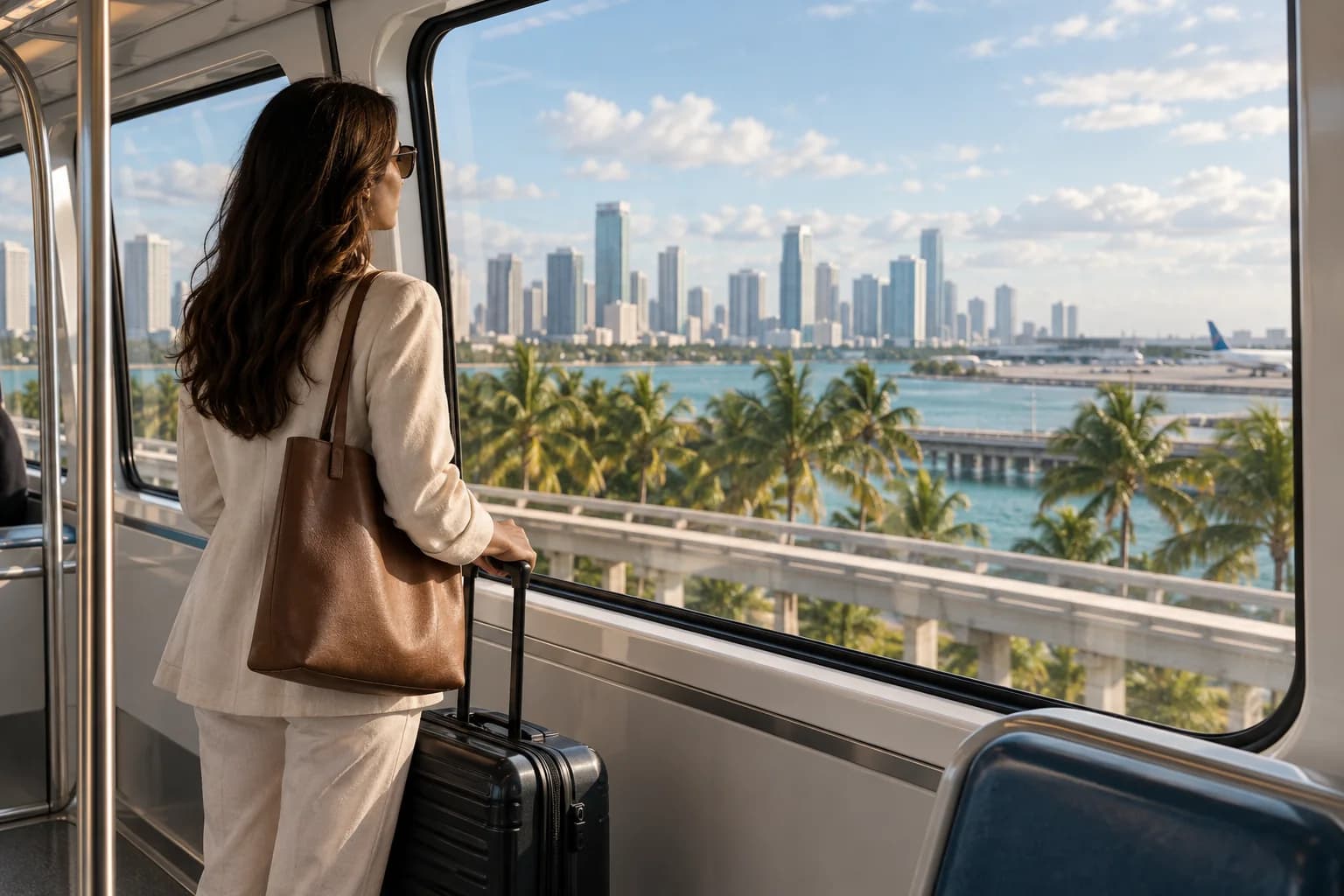 A traveller beside a train window with carry-on luggage