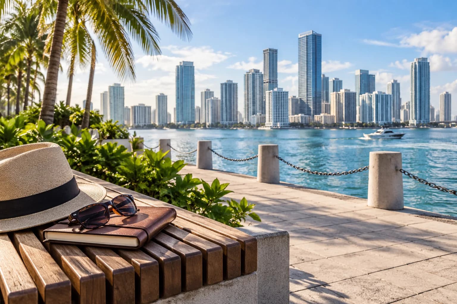 A travel notebook and sunglasses beside a waterfront promenade and skyline