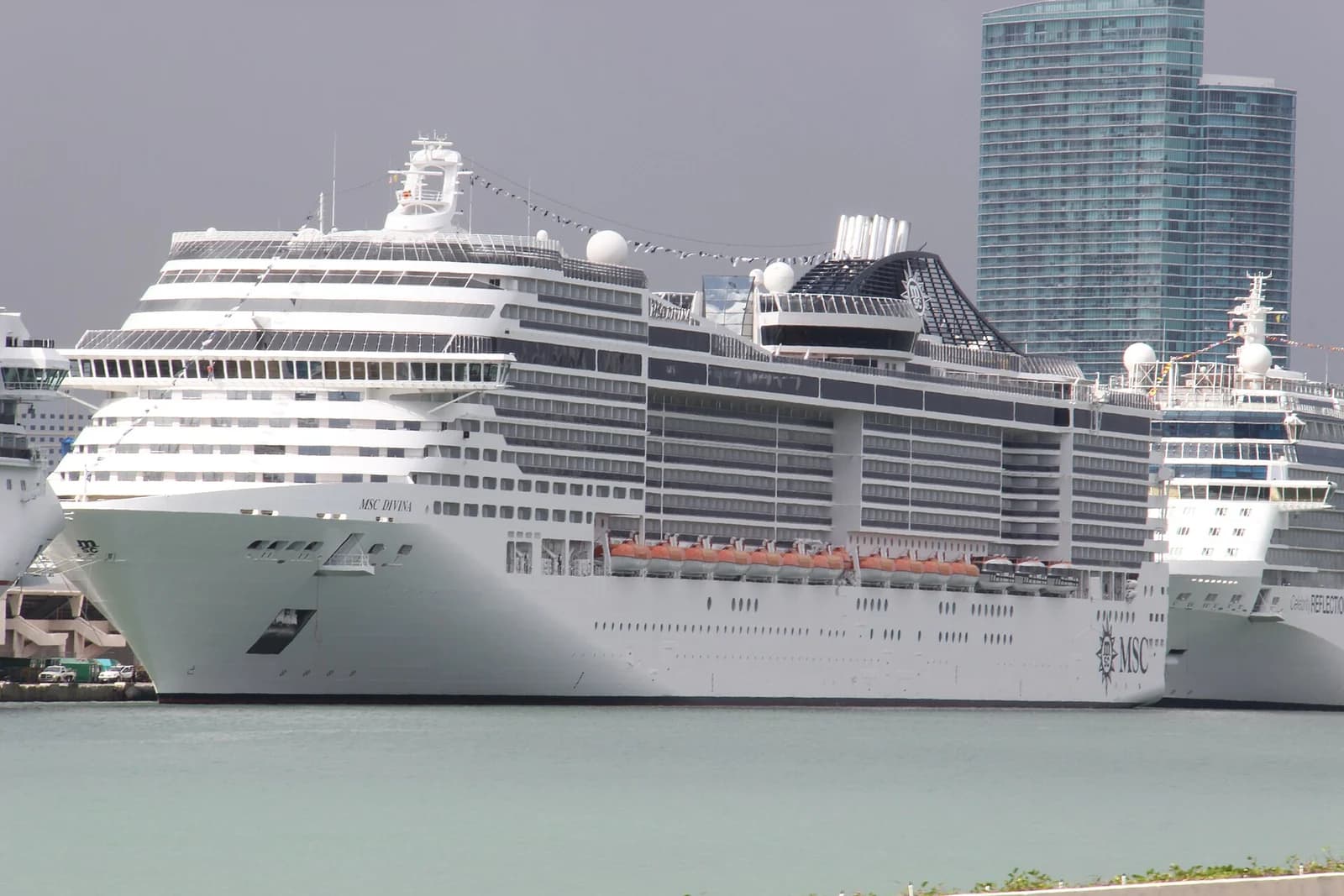 MSC Divina cruise ship at PortMiami, photographed from the water