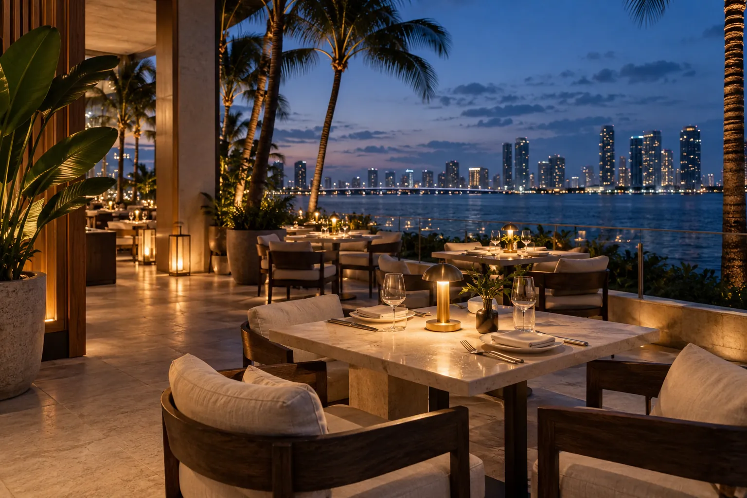 Waterfront dining terrace with warm table lighting and a Miami skyline at dusk