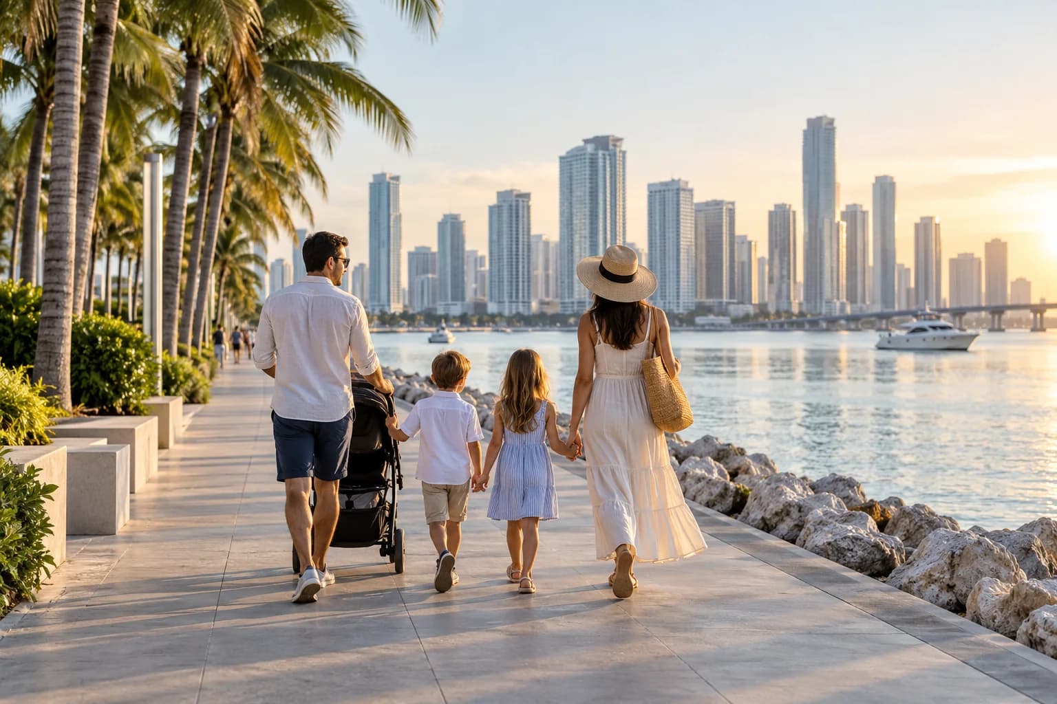 A family walking together along a palm-lined waterfront promenade