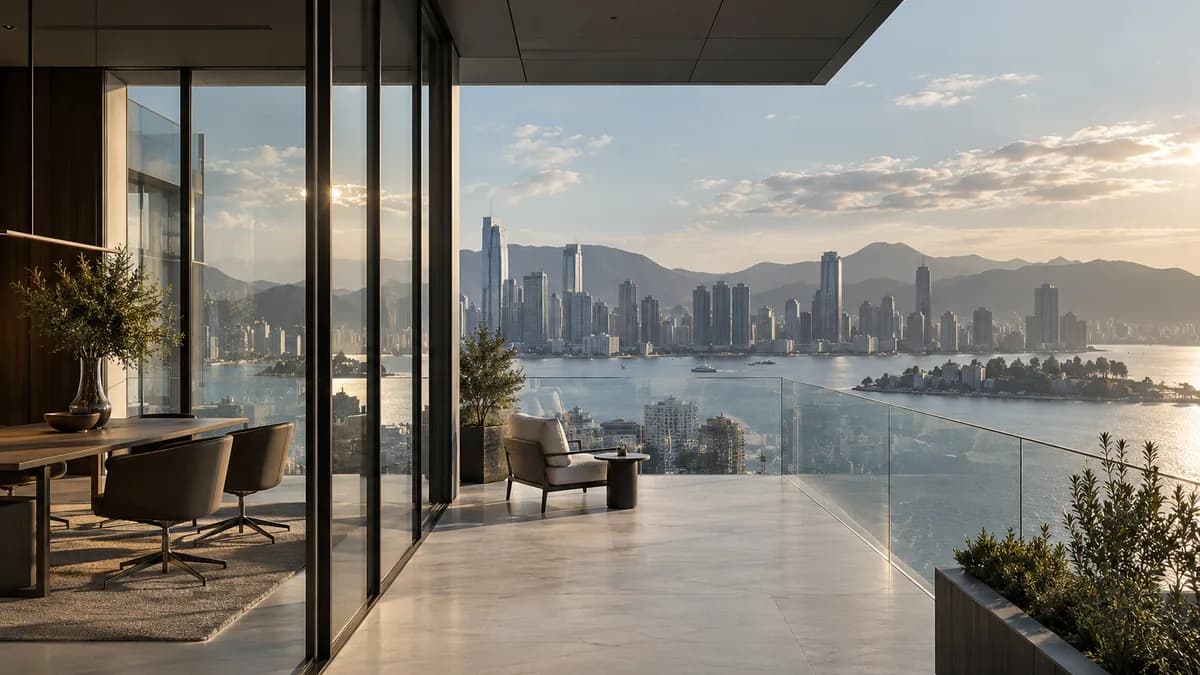 Arquitectura empresarial contemporánea frente al mar vista desde una terraza tranquila