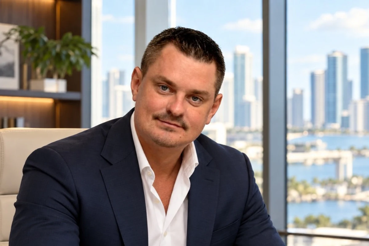 Oleg Semenov in a navy jacket in a contemporary office overlooking a waterfront skyline