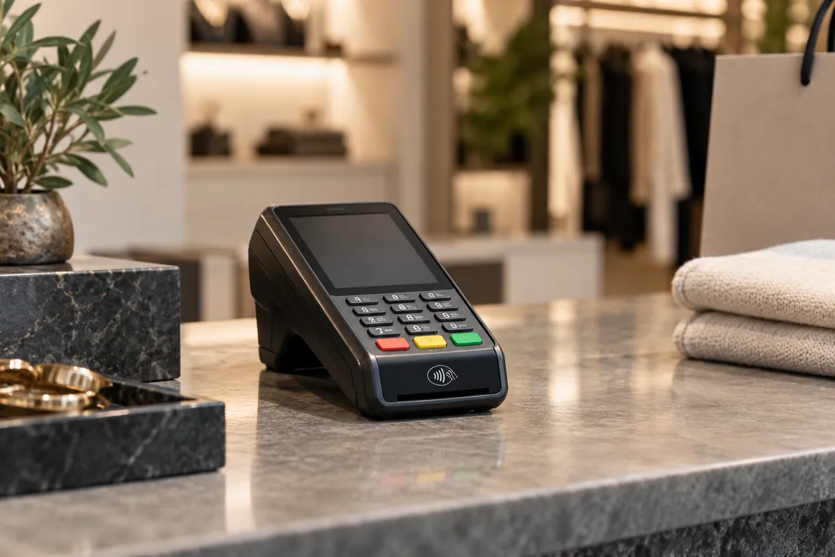 Terminal de pago sin contacto sin marca en un mostrador de la tienda