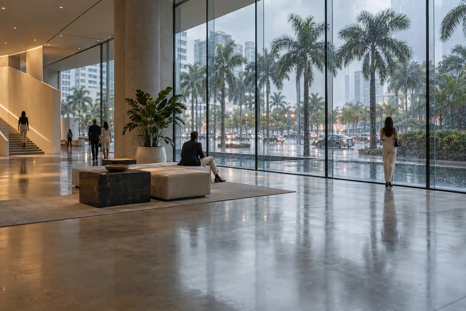 El vestíbulo tranquilo de un edificio cultural con palmeras visibles tras una ventana con lluvia