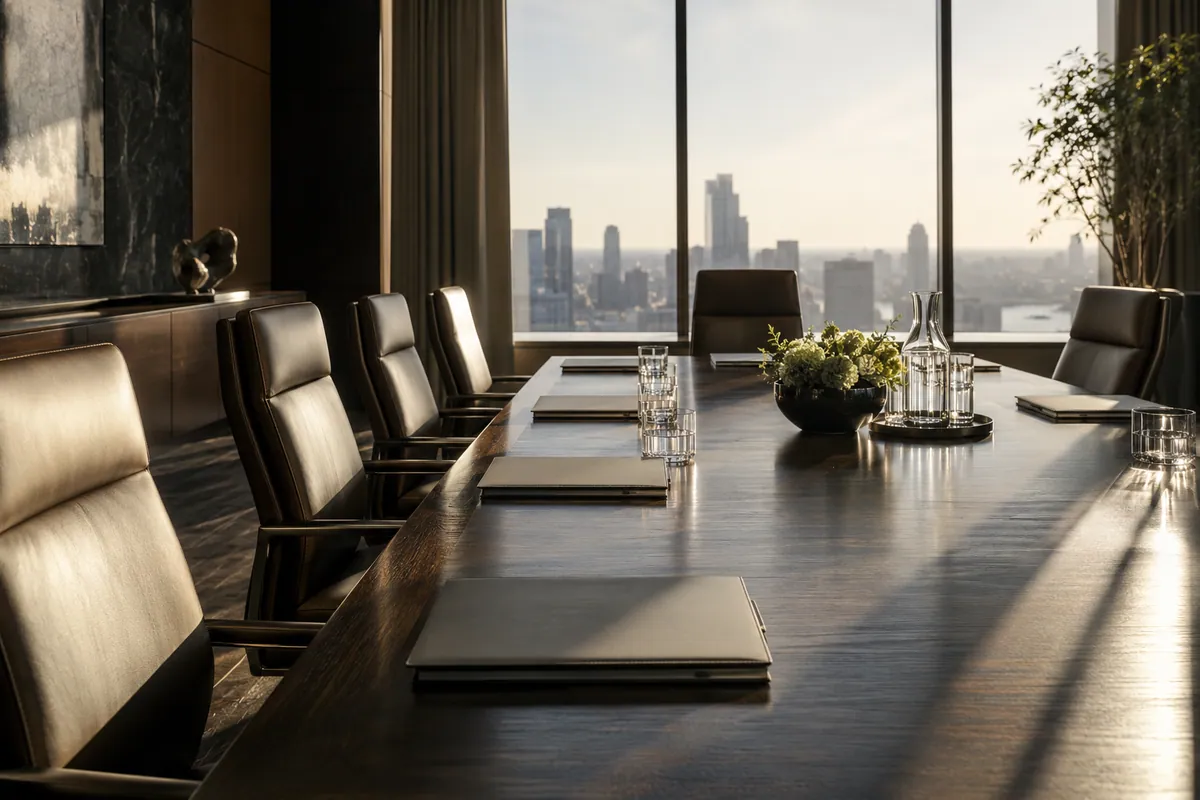 Empty governance meeting room with closed folders