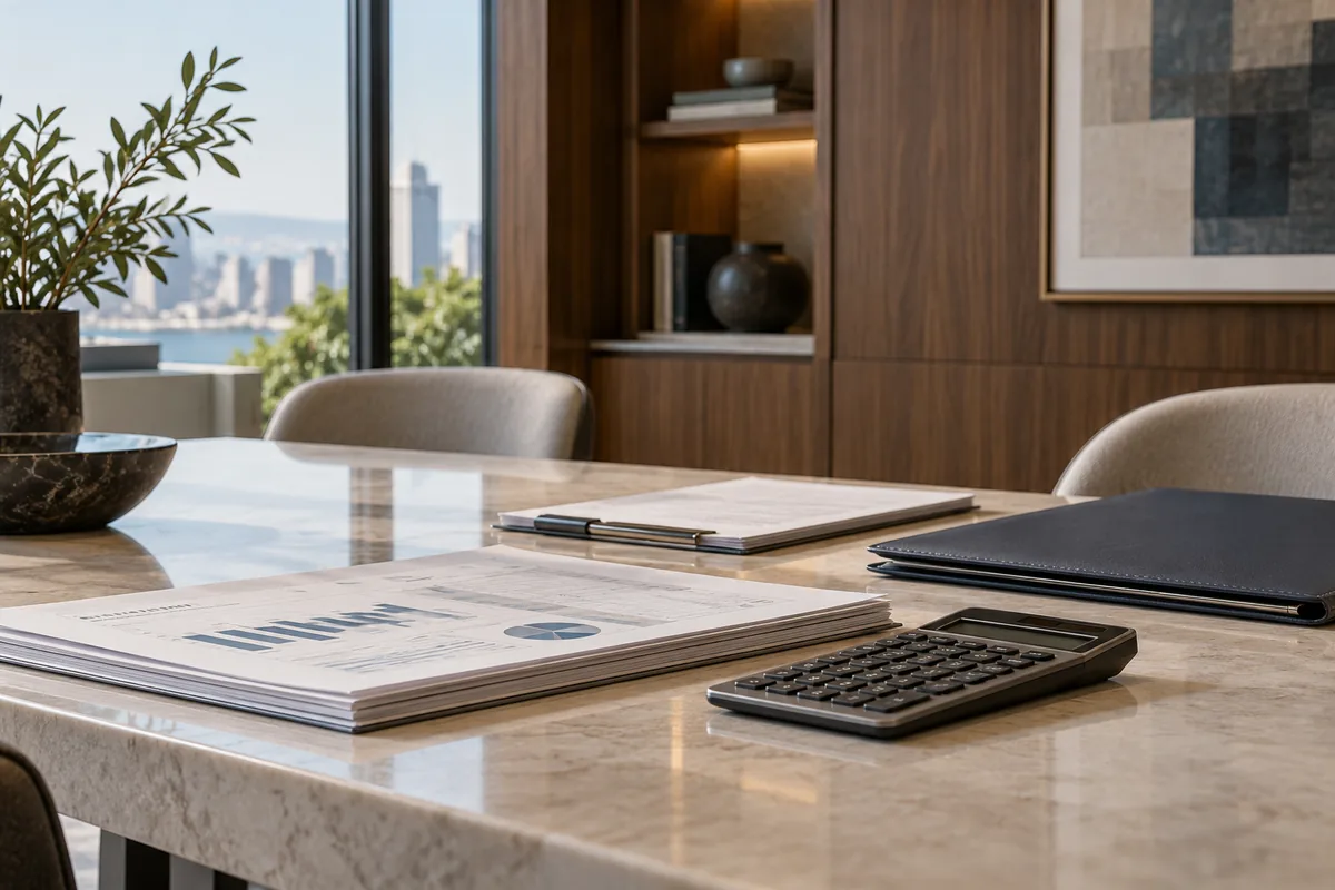 Business financing papers arranged in a refined modern consultation room