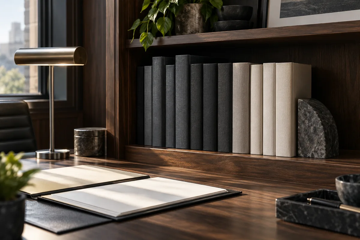 Bound reference volumes and a document folder in a contemporary research library