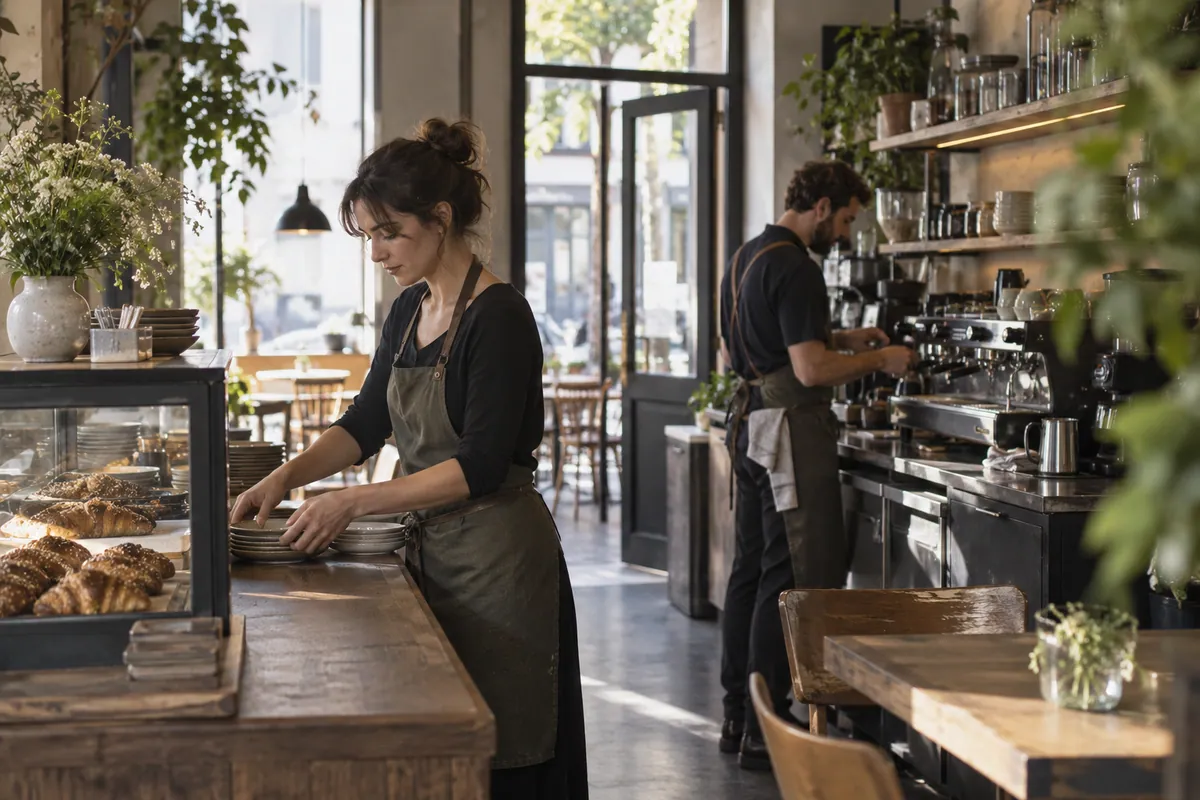 Empleados preparando un café independiente ficticio para la apertura