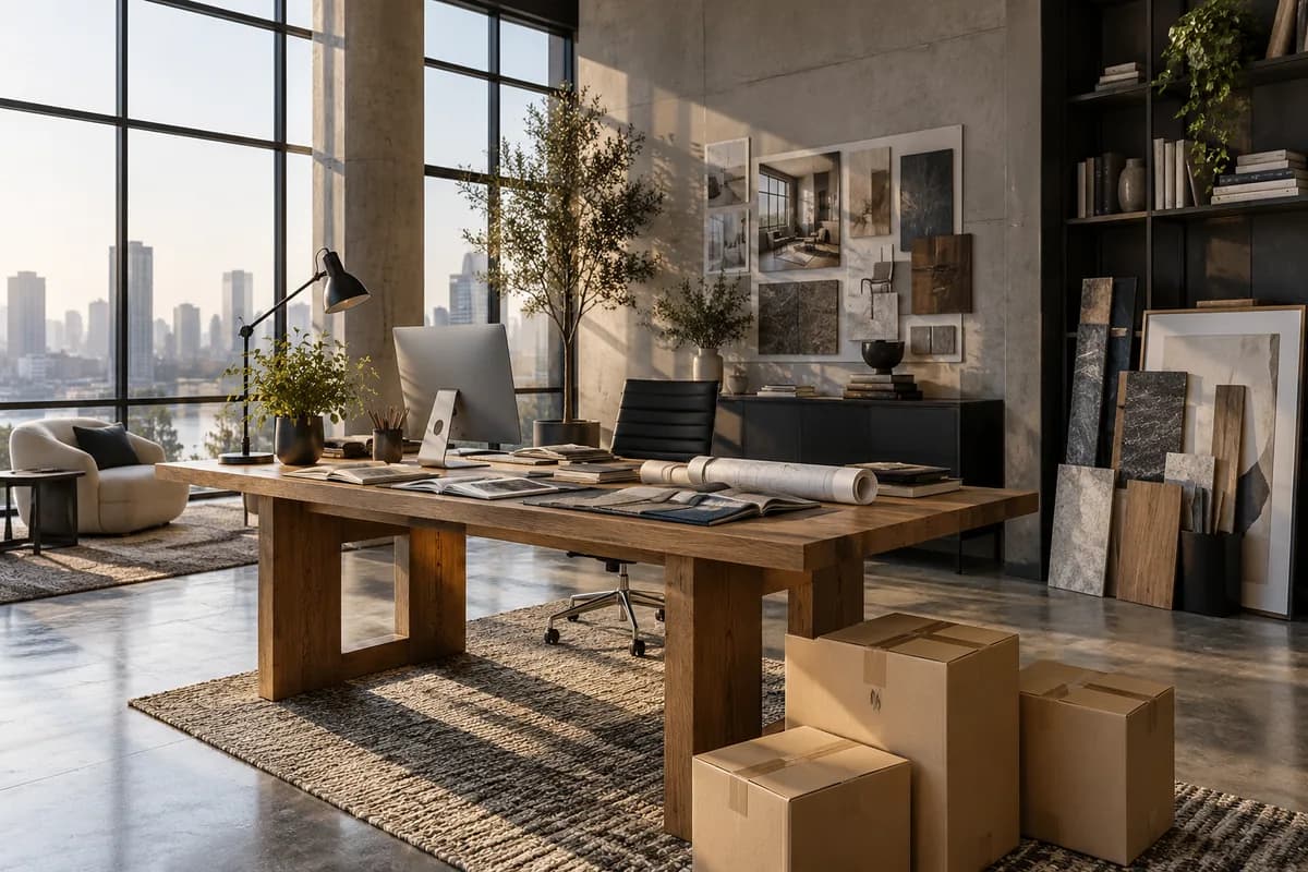 Un nuevo espacio de trabajo creativo con equipos y materiales desempaquetados listos para su apertura