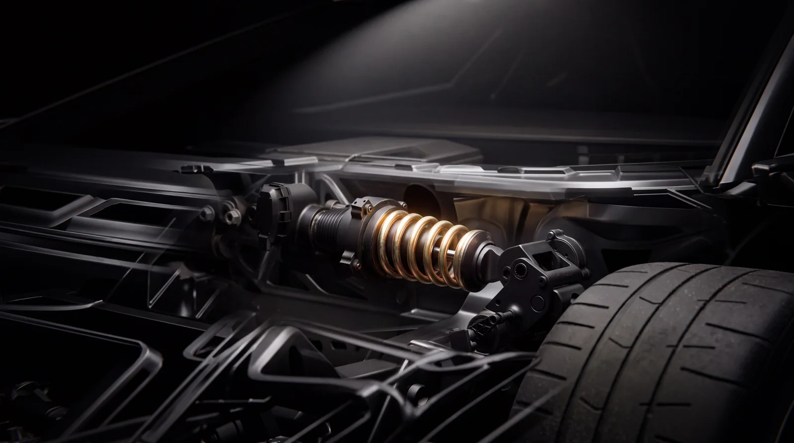 Tesla-supplied close view of Roadster chassis and suspension hardware