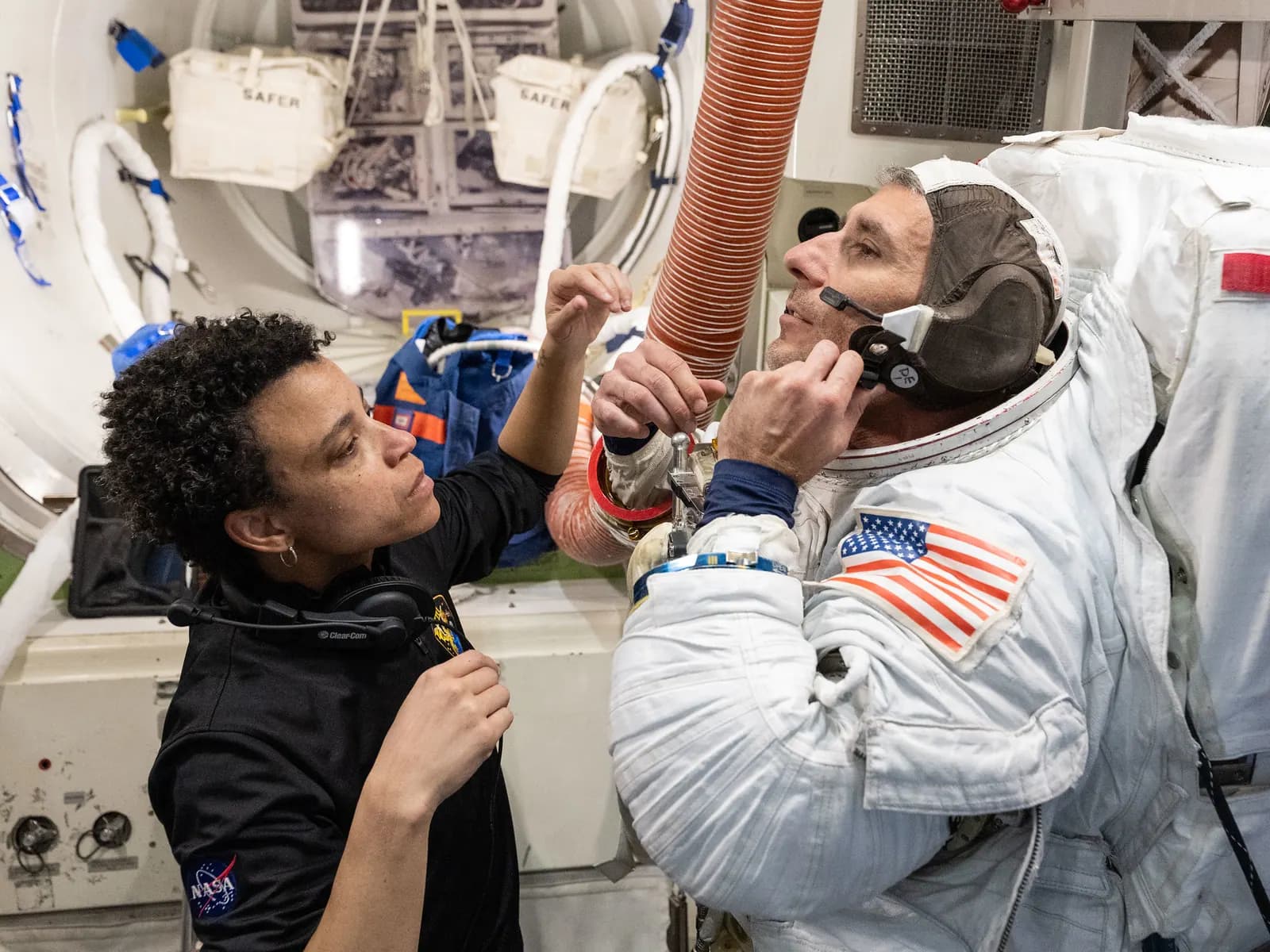 NASA astronauts Jessica Watkins and Luke Delaney during spacesuit training in May 2026