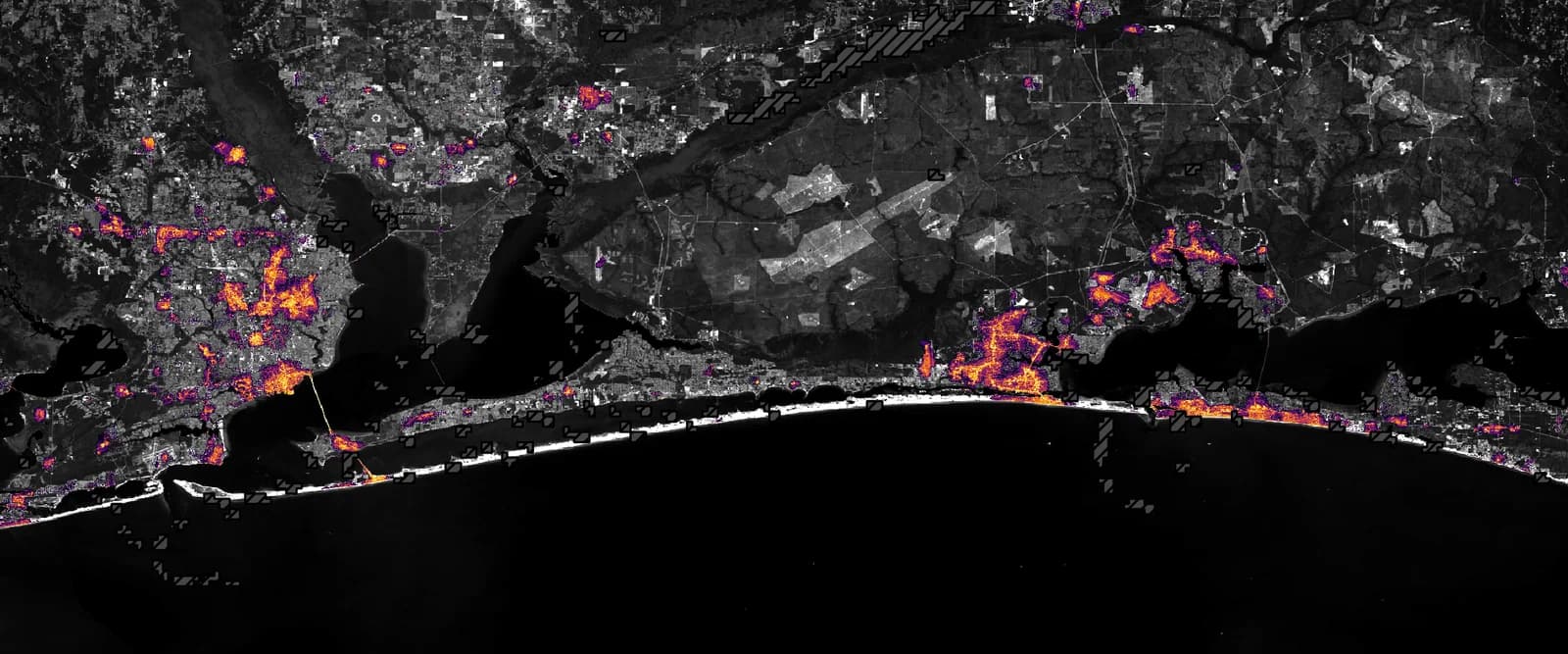 NASA nighttime-light map of the Florida Panhandle after Hurricane Isaias in October 2026