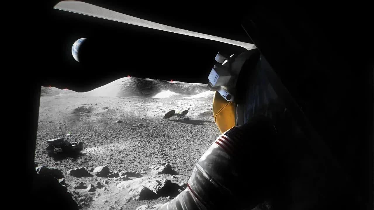 NASA illustration of an Artemis astronaut viewing proposed lunar surface equipment